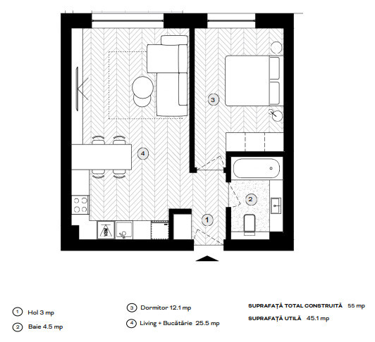 Apartament cu 1 cameră tip studio, 45.1 mpu, Parter