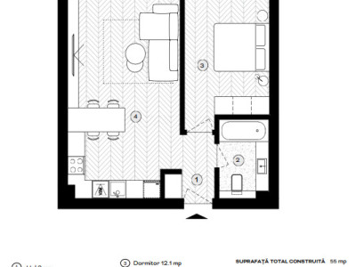 Apartament cu 1 cameră tip studio, 45.1 mpu, Parter