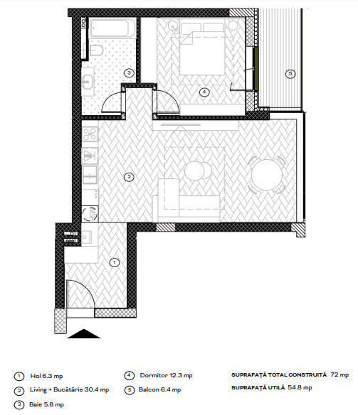 Apartament cu 1 cameră tip studio, 54.8 mpu, Balcon 6.4 mp, Etaj 1