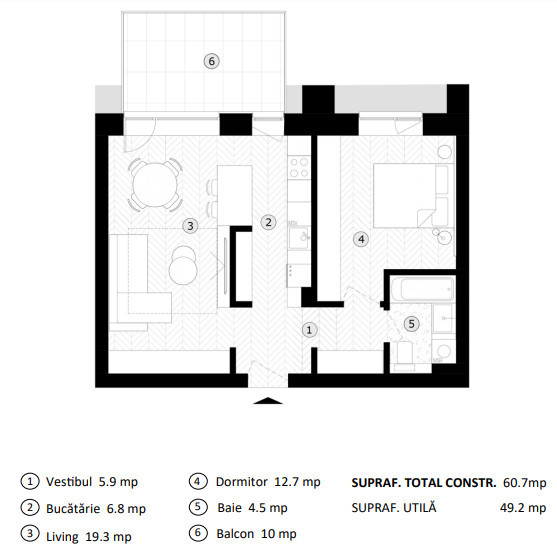 Apartament cu 2 camere, 49.2 mpu, Balcon 10 mp, Etaj 1