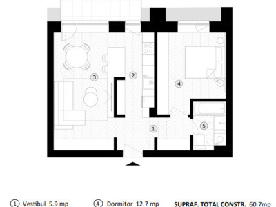 Apartament cu 2 camere, 49.2 mpu, Balcon 10 mp, Etaj 1