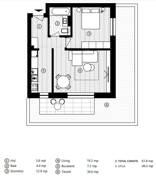 Apartament cu 2 camere, 49.3 mpu, Terasă 34.6 mp, Parter