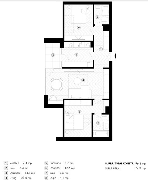 Apartament cu 3 camere, 74.3 mpu, Balcon 4.1 mp, Etaj 4