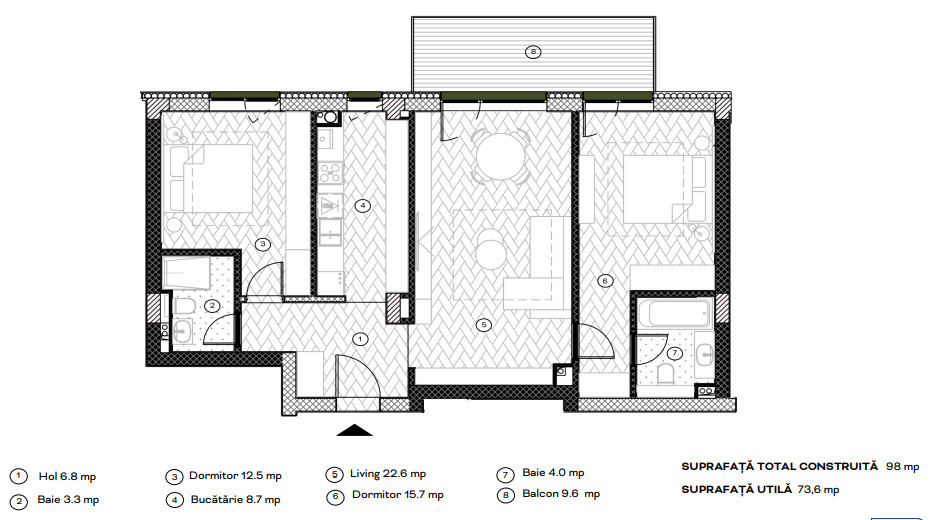 Apartament cu 3 camere, 73.6 mpu, Balcon 9.6 mp, Etaj 1