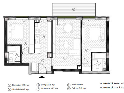 Apartament cu 3 camere, 73.6 mpu, Balcon 9.6 mp, Etaj 1