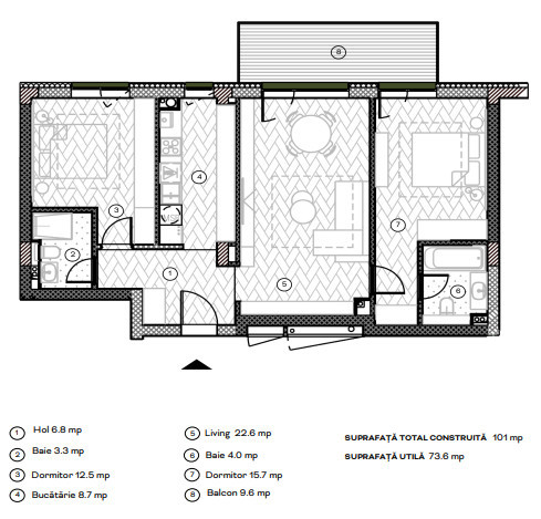 Apartament cu 3 camere, 73.6 mpu, Balcon 9.6 mp, Etaj 3