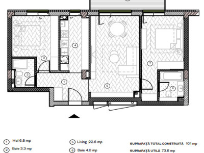 Apartament cu 3 camere, 73.6 mpu, Balcon 9.6 mp, Etaj 3