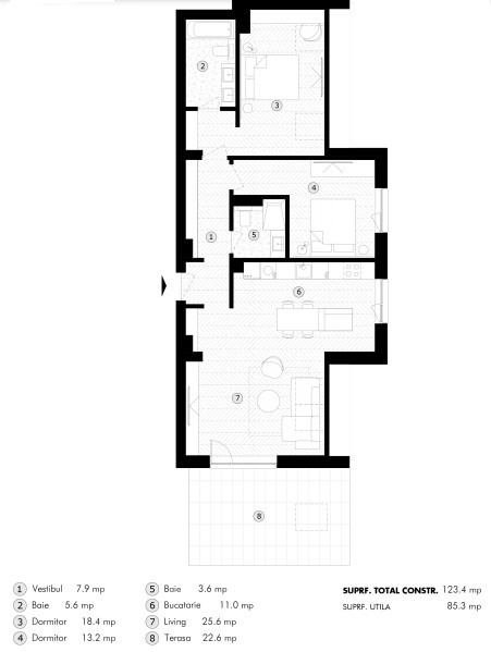 Apartament cu 3 camere, 85.3 mpu, Terasă 22.6 mp, Etaj 4