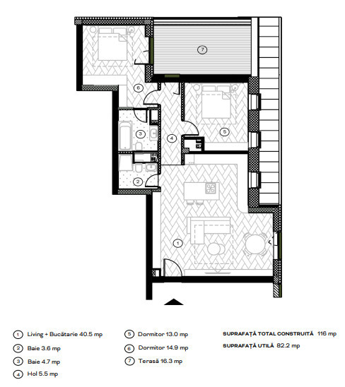 Apartament cu 3 camere, 82.2 mpu, Terasă 16.3 mp, Etaj 4