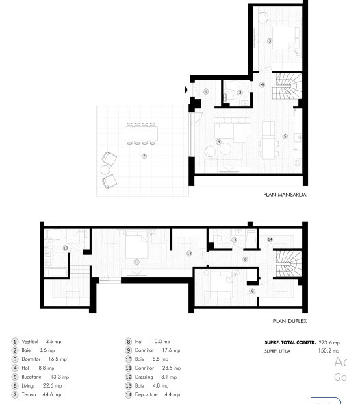 Penthouse cu 4 camere, 150.2 mpu, Terasă 44.6 mp, Etaj 4