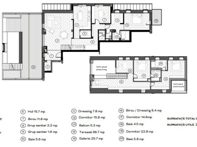 Penthouse cu 6 camere, 207.8 mpu, Terasă 96.7 mp, Etaj 4