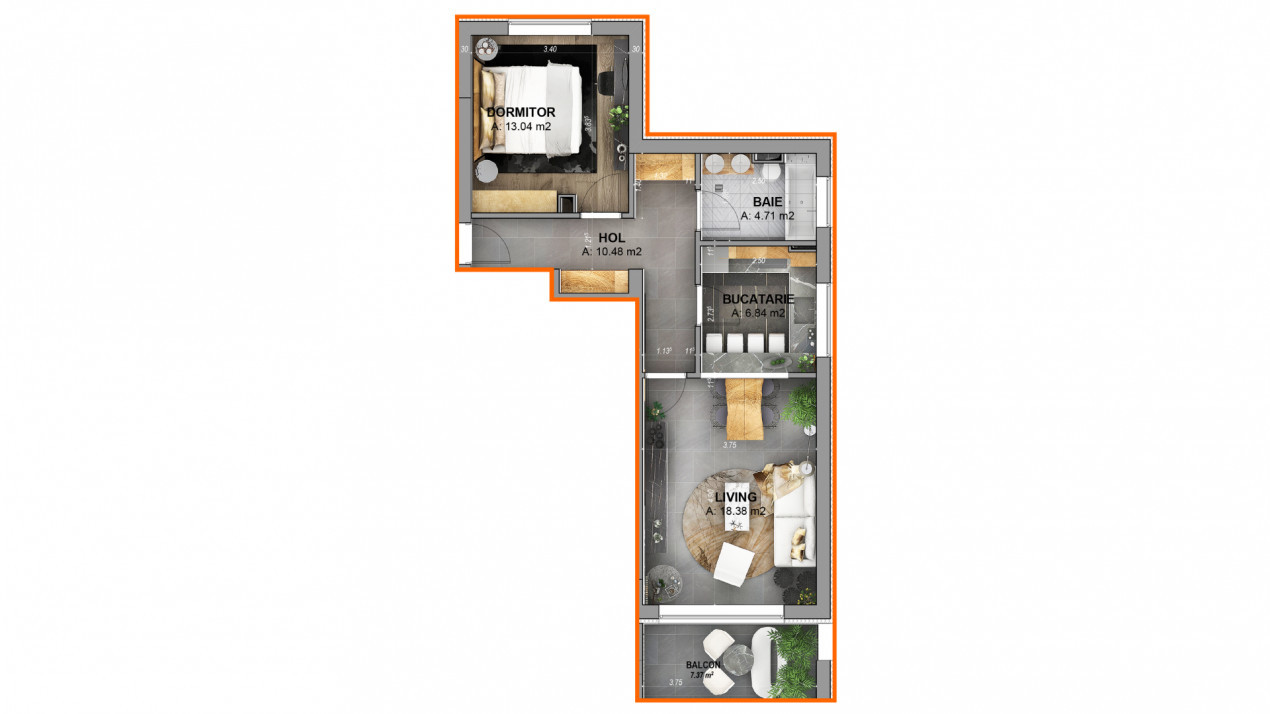 Apartament 2 camere, Finisat la cheie, Etaj 1/2